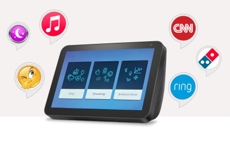 An Echo Show surrounded by Alexa skills