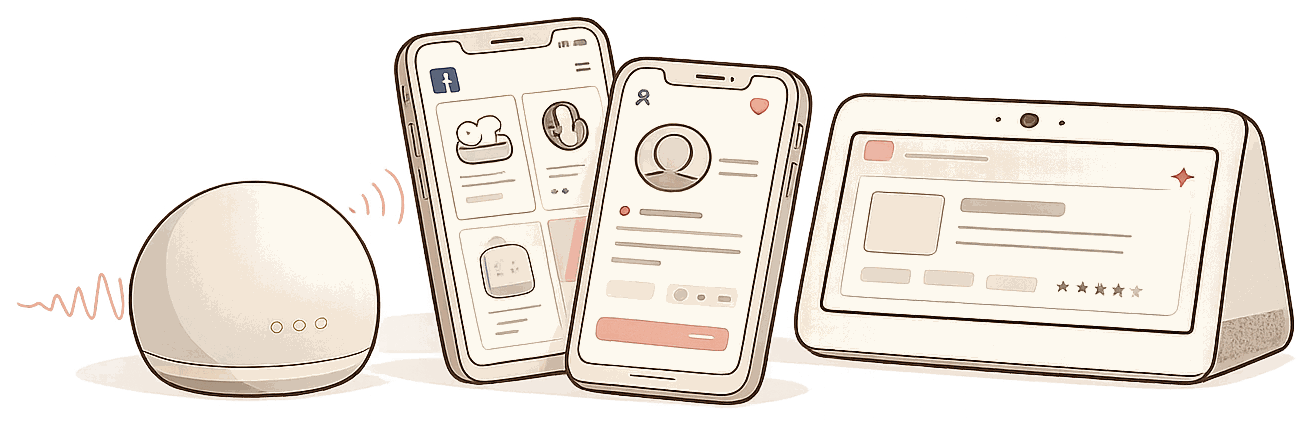 An illustrated montage of the surfaces Sheena has led: a voice assistant, a shopping listing, a social profile, a jobs board, and a chat thread